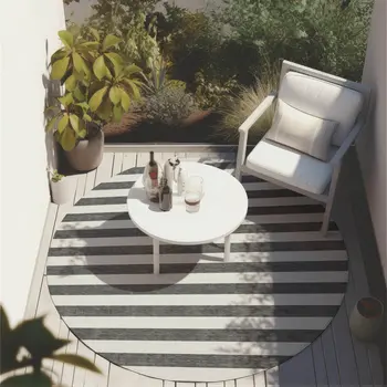 8' Round Charcoal Round Striped Washable Non Skid Indoor Outdoor Area Rug