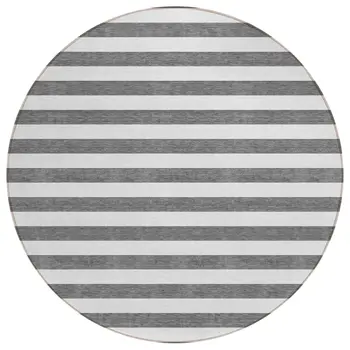 8' Round Charcoal Round Striped Washable Non Skid Indoor Outdoor Area Rug