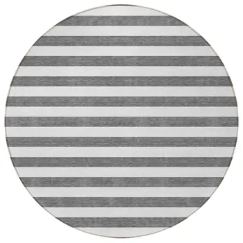 8' Round Charcoal Round Striped Washable Non Skid Indoor Outdoor Area Rug
