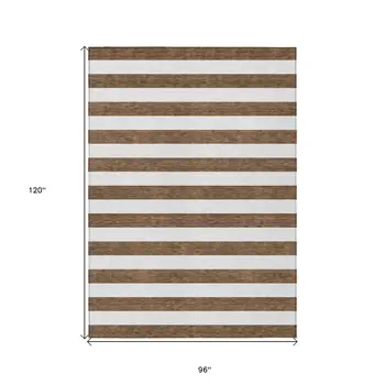 8' X 10' Chocolate Striped Washable Non Skid Indoor Outdoor Area Rug