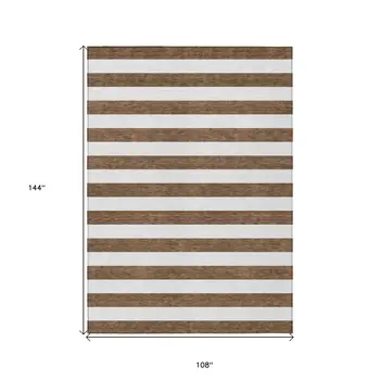 9' X 12' Chocolate Striped Washable Non Skid Indoor Outdoor Area Rug