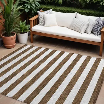 9' X 12' Chocolate Striped Washable Non Skid Indoor Outdoor Area Rug