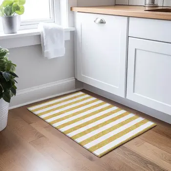 2' X 3' Gold Striped Washable Non Skid Indoor Outdoor Area Rug