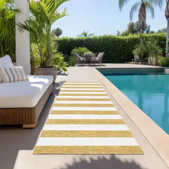 8' Runner Gold Striped Washable Non Skid Indoor Outdoor Runner Rug
