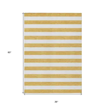 3' X 5' Gold Striped Washable Non Skid Indoor Outdoor Area Rug