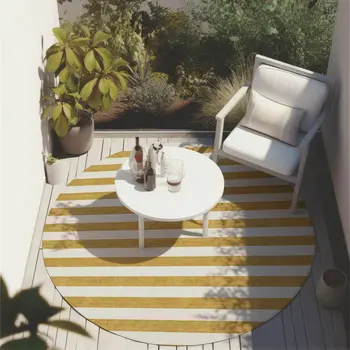 8' Round Gold Round Striped Washable Non Skid Indoor Outdoor Area Rug