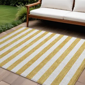 8' X 10' Gold Striped Washable Non Skid Indoor Outdoor Area Rug