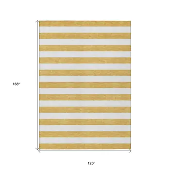 10' X 14' Gold Striped Washable Non Skid Indoor Outdoor Area Rug
