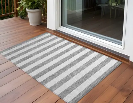2' X 3' Gray and White Striped Washable Non Skid Indoor Outdoor Area Rug