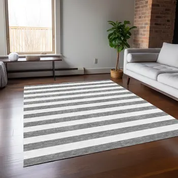 3' X 5' Gray and White Striped Washable Non Skid Indoor Outdoor Area Rug