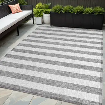 5' X 8' Gray and White Striped Washable Non Skid Indoor Outdoor Area Rug