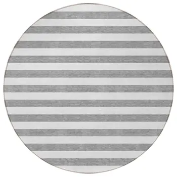 8' Round Gray and White Round Striped Washable Non Skid Indoor Outdoor Area Rug
