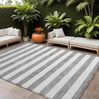 9' X 12' Gray and White Striped Washable Non Skid Indoor Outdoor Area Rug