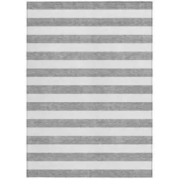 9' X 12' Gray and White Striped Washable Non Skid Indoor Outdoor Area Rug