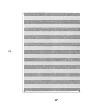 10' X 14' Gray and White Striped Washable Indoor Outdoor Area Rug