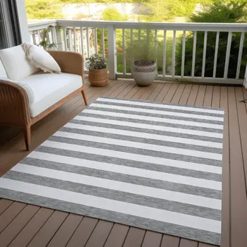 10' X 14' Gray and White Striped Washable Indoor Outdoor Area Rug