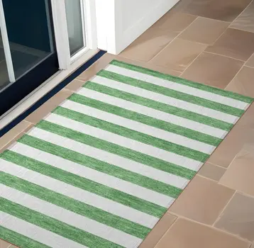 2' X 3' Green and White Striped Washable Indoor Outdoor Area Rug