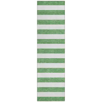 2' X 8' Green and White Striped Washable Indoor Outdoor Runner Rug