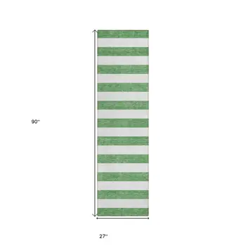 2' X 8' Green and White Striped Washable Indoor Outdoor Runner Rug