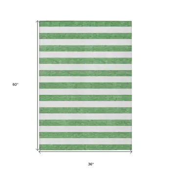 3' X 5' Green and White Striped Washable Indoor Outdoor Area Rug