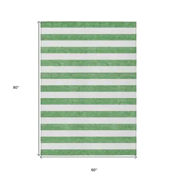 5' X 8' Green and White Striped Washable Indoor Outdoor Area Rug