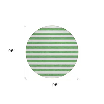 8' X 8' Green and White Round Striped Washable Indoor Outdoor Area Rug