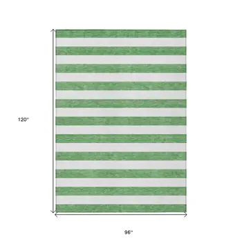 8' X 10' Green and White Striped Washable Indoor Outdoor Area Rug