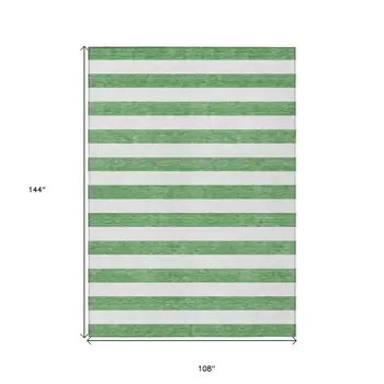 9' X 12' Green and White Striped Washable Indoor Outdoor Area Rug
