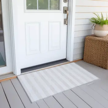 2' X 3' Ivory Striped Washable Indoor Outdoor Area Rug