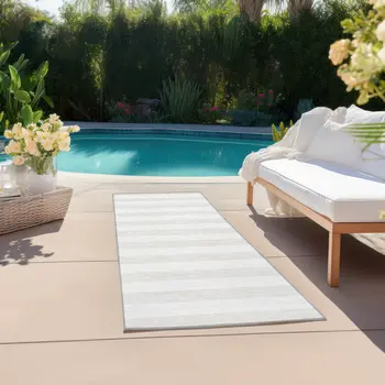 2' X 8' Ivory Striped Washable Indoor Outdoor Runner Rug