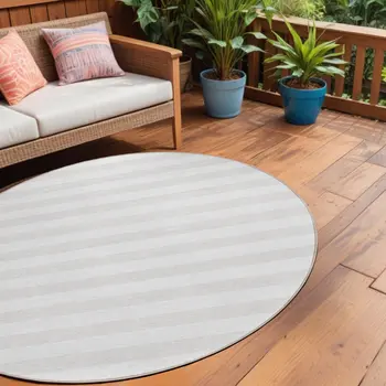 8' X 8' Ivory Round Striped Washable Indoor Outdoor Area Rug