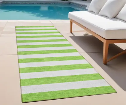 2' X 8' Lime Green and White Striped Washable Indoor Outdoor Runner Rug