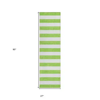 2' X 8' Lime Green and White Striped Washable Indoor Outdoor Runner Rug