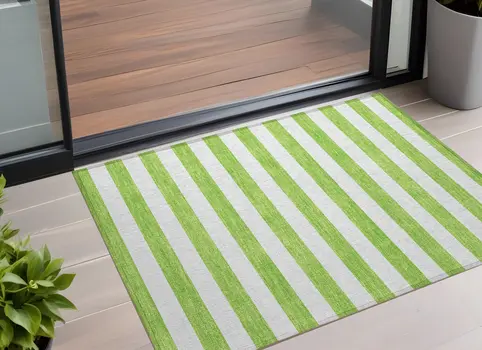 3' X 5' Lime Green and White Striped Washable Indoor Outdoor Area Rug