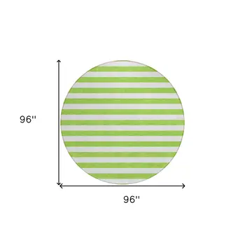 8' Round Green and White Round Striped Washable Non Skid Indoor Outdoor Area Rug