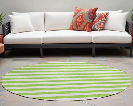 8' Round Green and White Round Striped Washable Non Skid Indoor Outdoor Area Rug