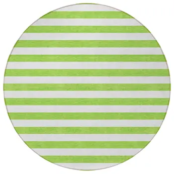 8' Round Green and White Round Striped Washable Non Skid Indoor Outdoor Area Rug