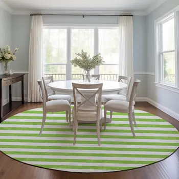 8' Round Green and White Round Striped Washable Non Skid Indoor Outdoor Area Rug