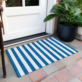 2' X 3' Navy Blue Striped Washable Non Skid Indoor Outdoor Area Rug