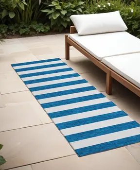 8' Runner Navy Blue Striped Washable Non Skid Indoor Outdoor Runner Rug