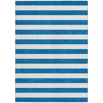 5' X 8' Navy Blue Striped Washable Non Skid Indoor Outdoor Area Rug