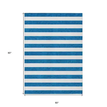 5' X 8' Navy Blue Striped Washable Non Skid Indoor Outdoor Area Rug