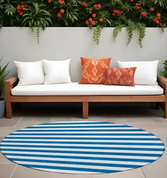 8' Round Navy Blue Round Striped Washable Non Skid Indoor Outdoor Area Rug