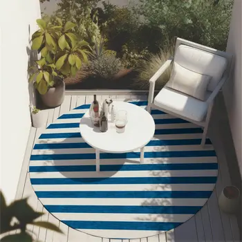 8' Round Navy Blue Round Striped Washable Non Skid Indoor Outdoor Area Rug