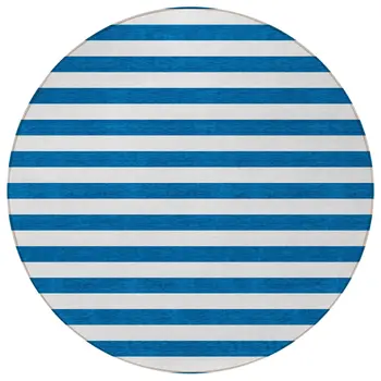 8' Round Navy Blue Round Striped Washable Non Skid Indoor Outdoor Area Rug
