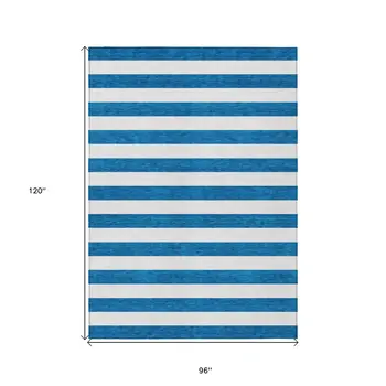 8' X 10' Navy Blue Striped Washable Non Skid Indoor Outdoor Area Rug