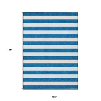 9' X 12' Navy Blue Striped Washable Non Skid Indoor Outdoor Area Rug
