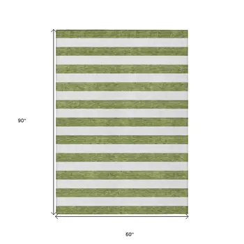 5' X 8' Olive Green Striped Washable Non Skid Indoor Outdoor Area Rug