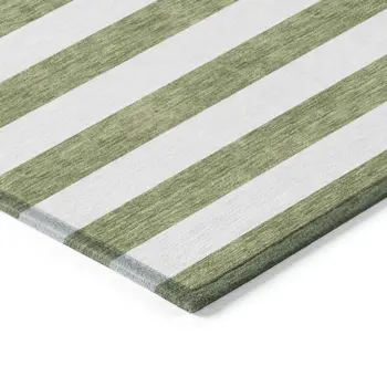 5' X 8' Olive Green Striped Washable Non Skid Indoor Outdoor Area Rug