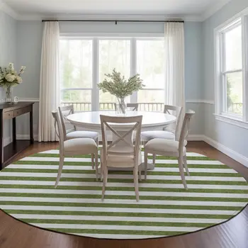 8' Round Olive Green Round Striped Washable Non Skid Indoor Outdoor Area Rug